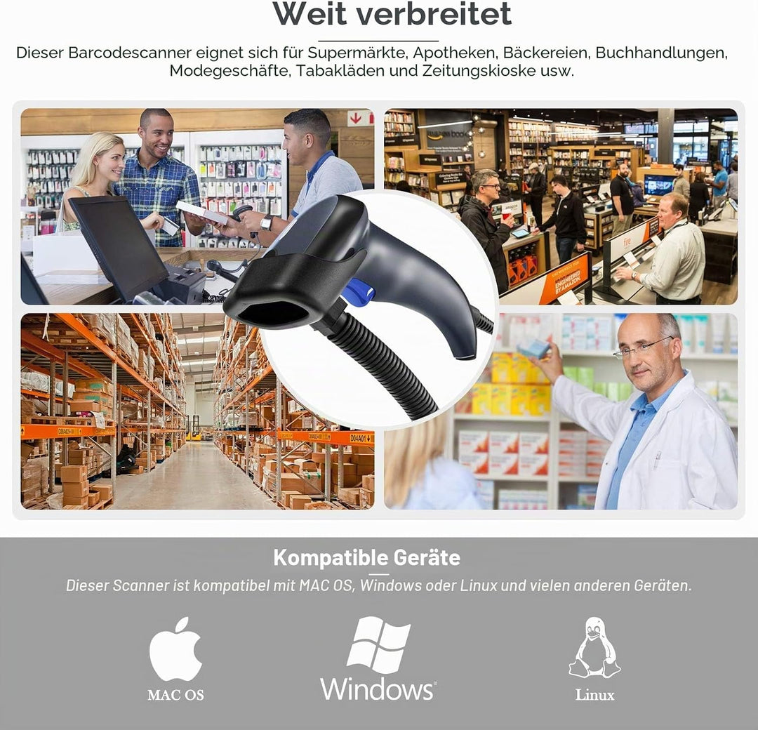 NETUM Kabelgebundener 2D QR Barcode-Scanner mit Halterung - Handheld Automatischer Omnidirektionaler
