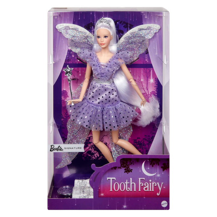 Barbie Signature Zahnfee-Puppe, Sammlerpuppe mit Feenflügeln, Zauberstab und Münzbeutel, Geschenk fü