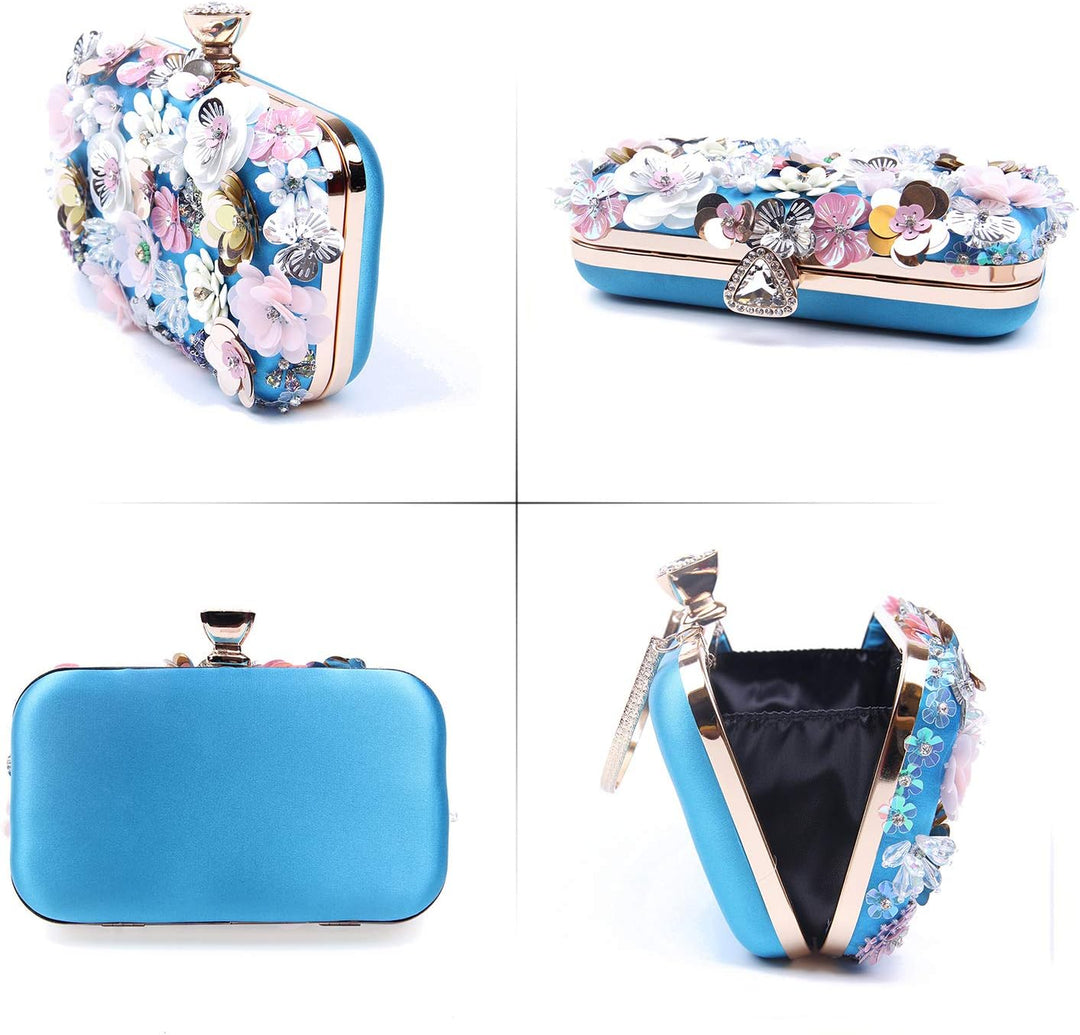 Damen Clutches Blume Abendtasche Handtasche Hochzeit Clutch Party Tasche Blau, Blau