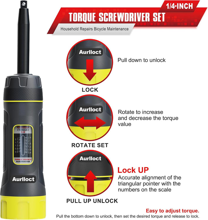 Aurlloct Langer Schaft Drehmoment Schraubendreher Satz 1/4 Zoll, 0.4-2.4 Nm, mit S2-Stahlbits, für R