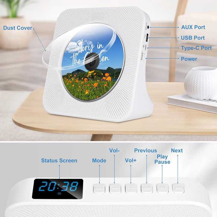 CD Player mit Bluetooth-Transmitter, tragbarer Bluetooth CD Player mit Timer, Staubschutzhülle, FM-R