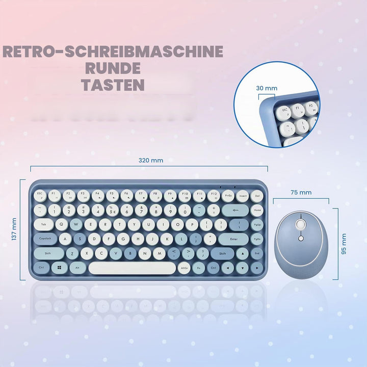 Perixx PERIDUO-713BL Wireless Mini Keyboard and Mouse Combo - Retro Round Key Caps - Pastel Blue - U