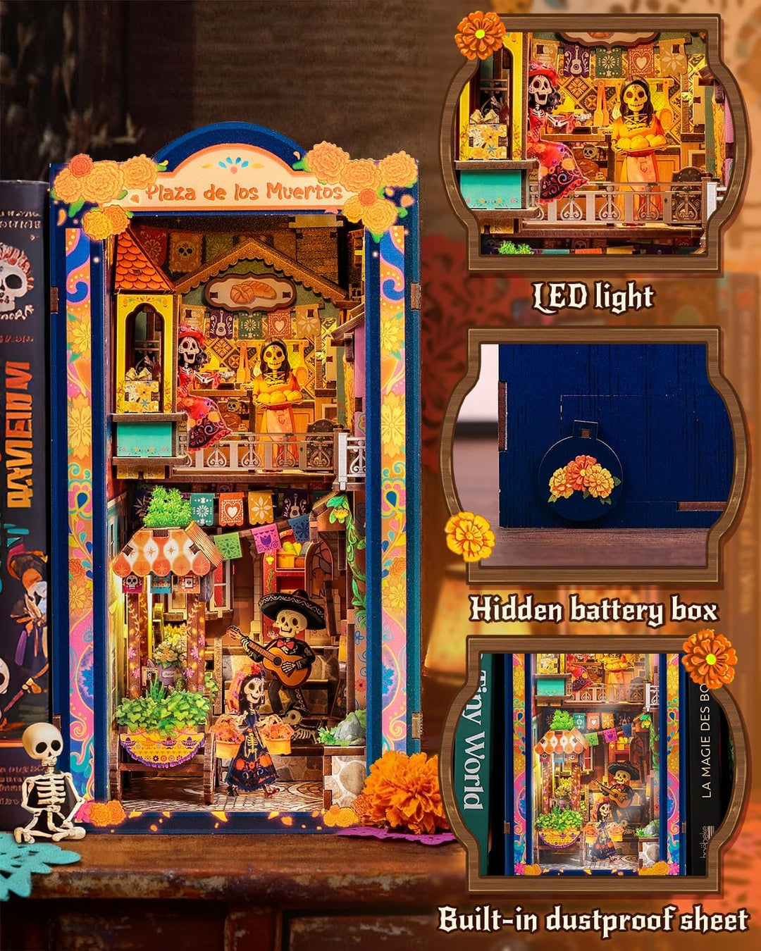 CUTEBEE Book Nook Kit - Mexikanische Festtagsstimmung DIY Puppenhaus, LED-beleuchtetes Buchregal-Dek