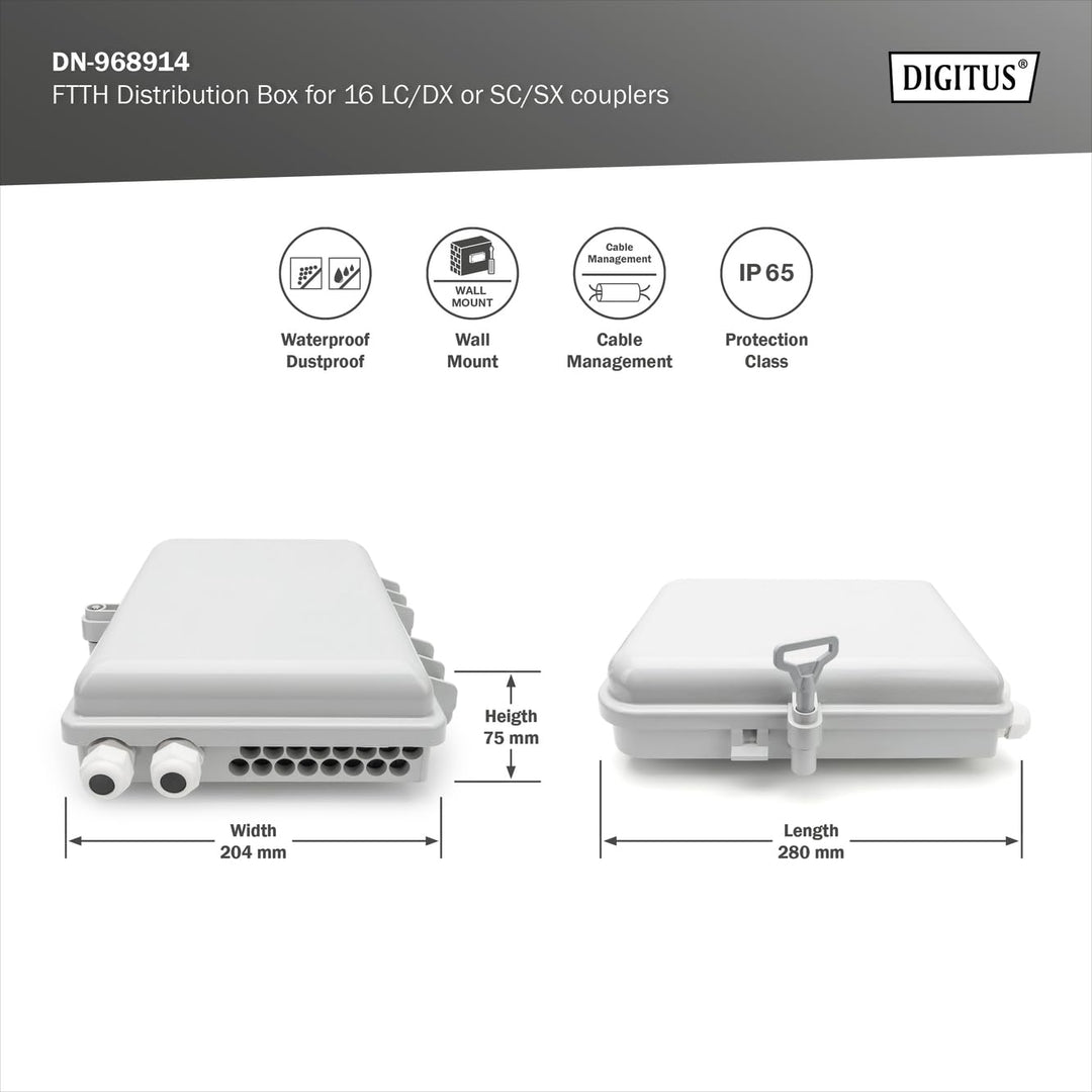 DIGITUS Outdoor FTTH Distributions Box - 16x LC/Duplex oder 16x SC/Simplex - IP65 Schutzklasse - Gla