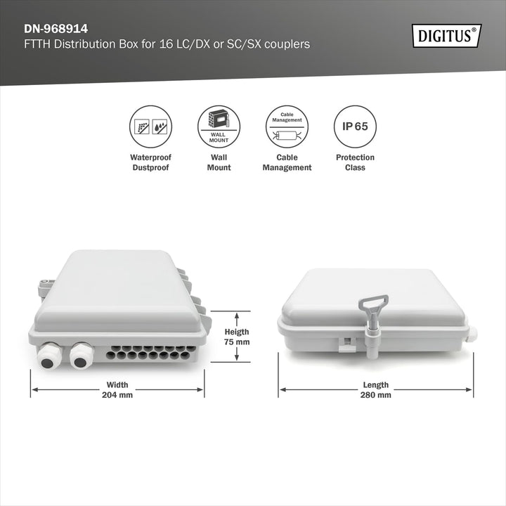 DIGITUS Outdoor FTTH Distributions Box - 16x LC/Duplex oder 16x SC/Simplex - IP65 Schutzklasse - Gla