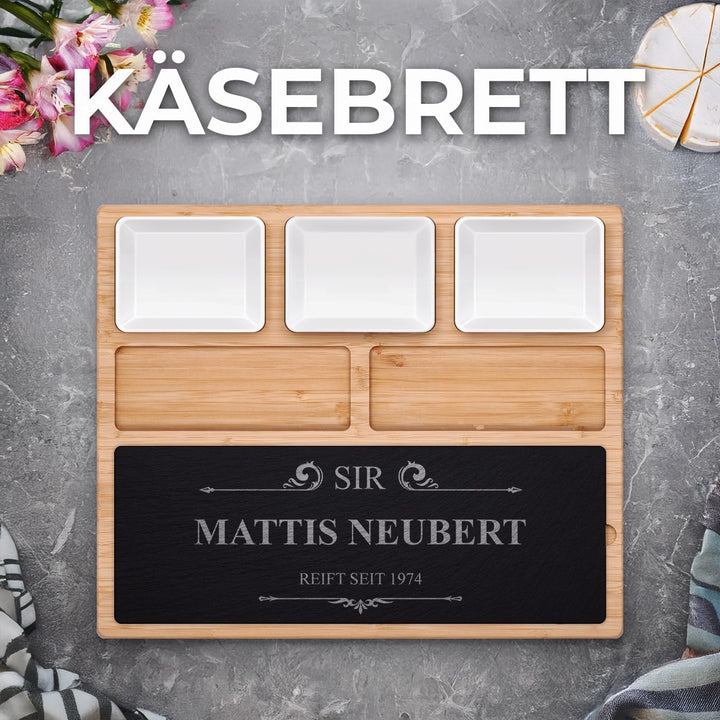 Maverton Servierplatte mit Gravur - Käsebrett mit personalisierter Steinplatte + 3 Keramikschalen -