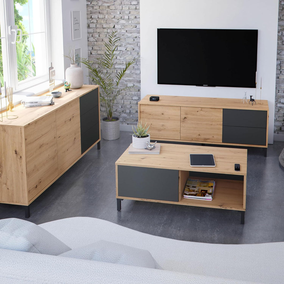 Habitdesign Couchtisch, Melamin Holz, Eiche Nodi und Anthrazit, Pequeña