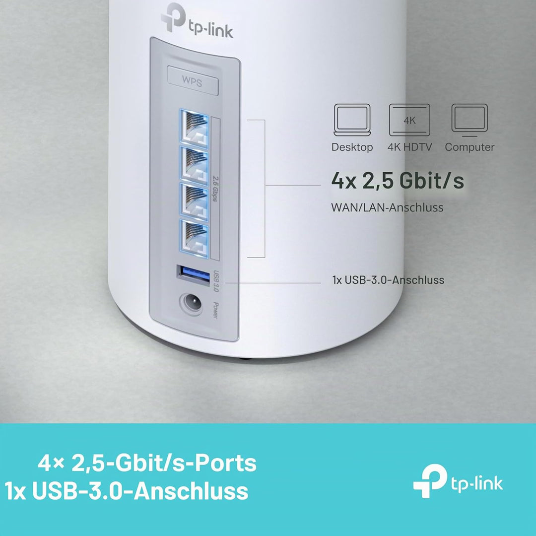 TP-Link Deco BE65 WiFi 7 Mesh WLAN Set (2er-Pack), BE9300 Tri-Band Router und Repeater (6 GHz, 2.5 G