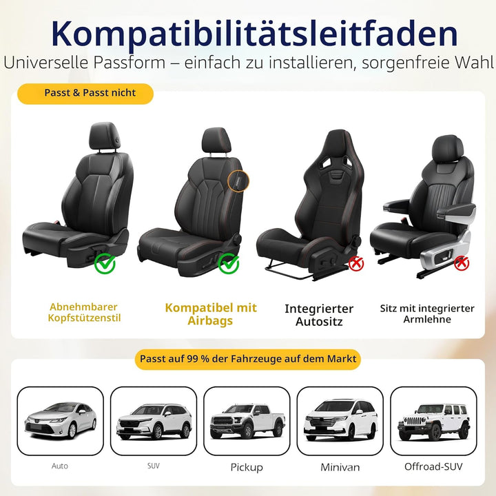 kingphenix 2er-Pack Vordersitzbezüge aus Memory-Schaumleder, Atmungsaktives 4D-Mesh, Airbag-kompatib