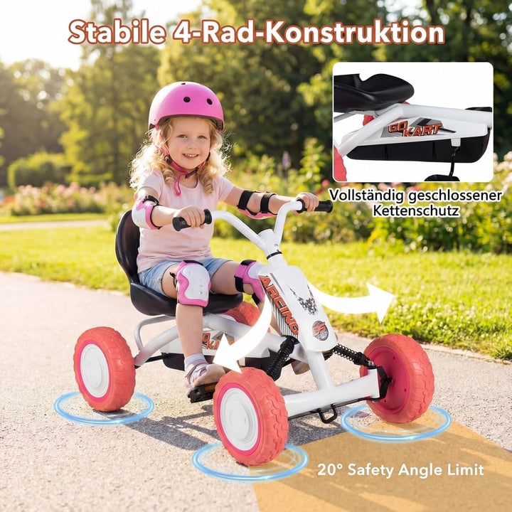 DREAMADE Kinder Go Kart, Gokart mit einstellbarem Sitz & Rückenlehne, Tretfahrzeug mit Vorwärts- & R
