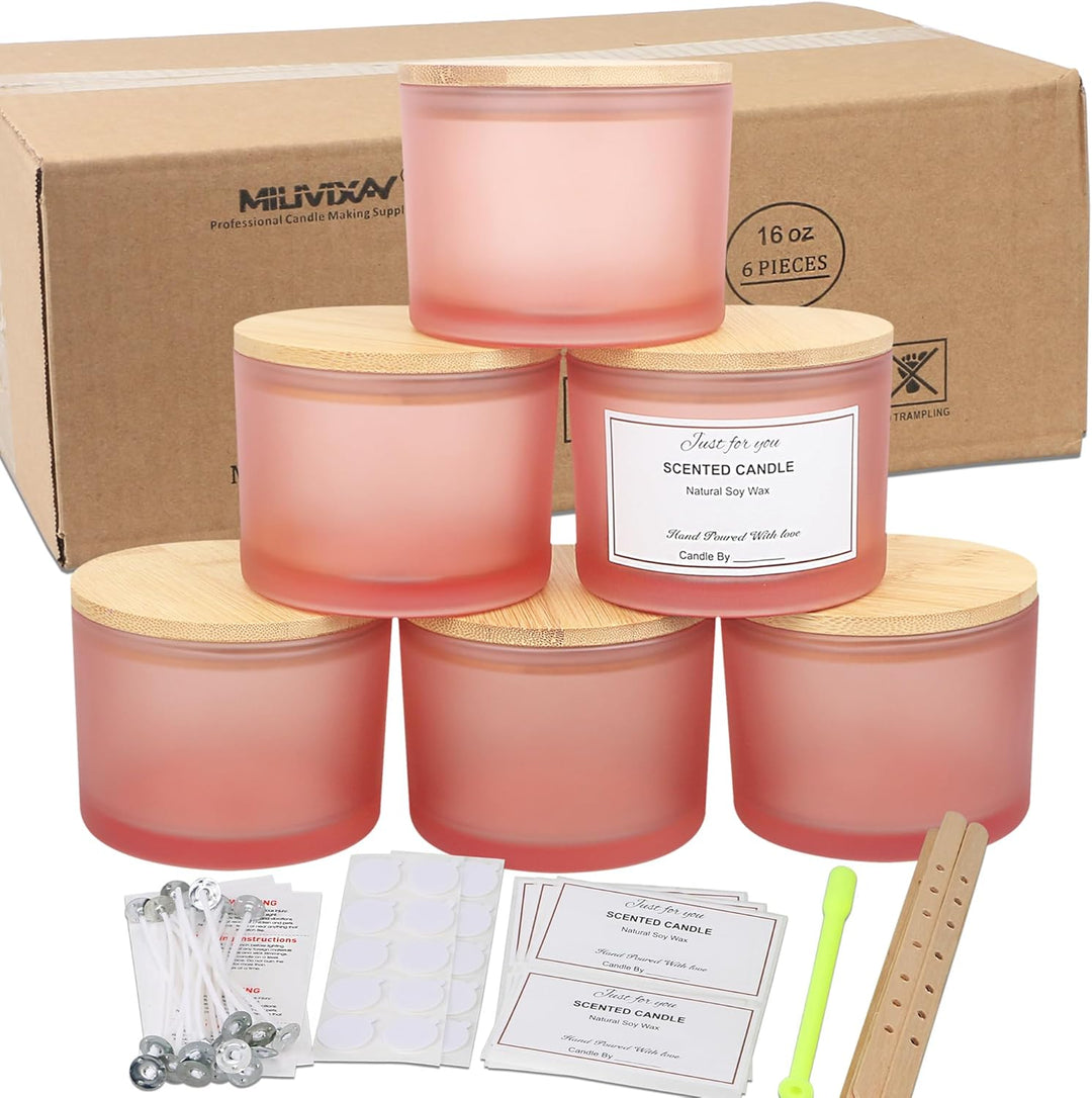 MILIVIXAY 6 x 473 ml Kerzengläser mit Bambusdeckel und Kerzenherstellungs-Kits – 3 Docht-Kerzenglas,