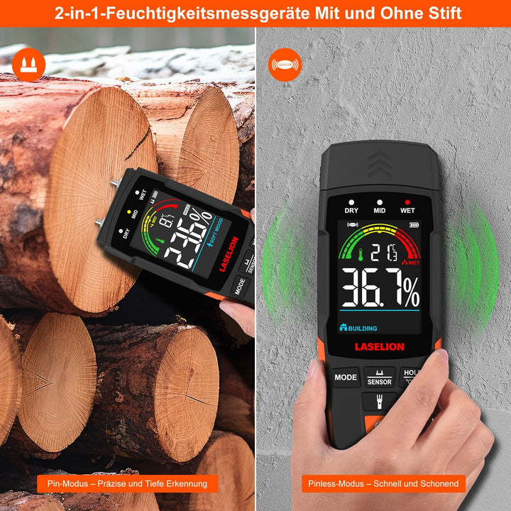 2-in-1 Feuchtigkeitsmessgerät mit Stift- und Stiftlos-Modus – Für Holz, Beton, Trockenbau, Karton u.