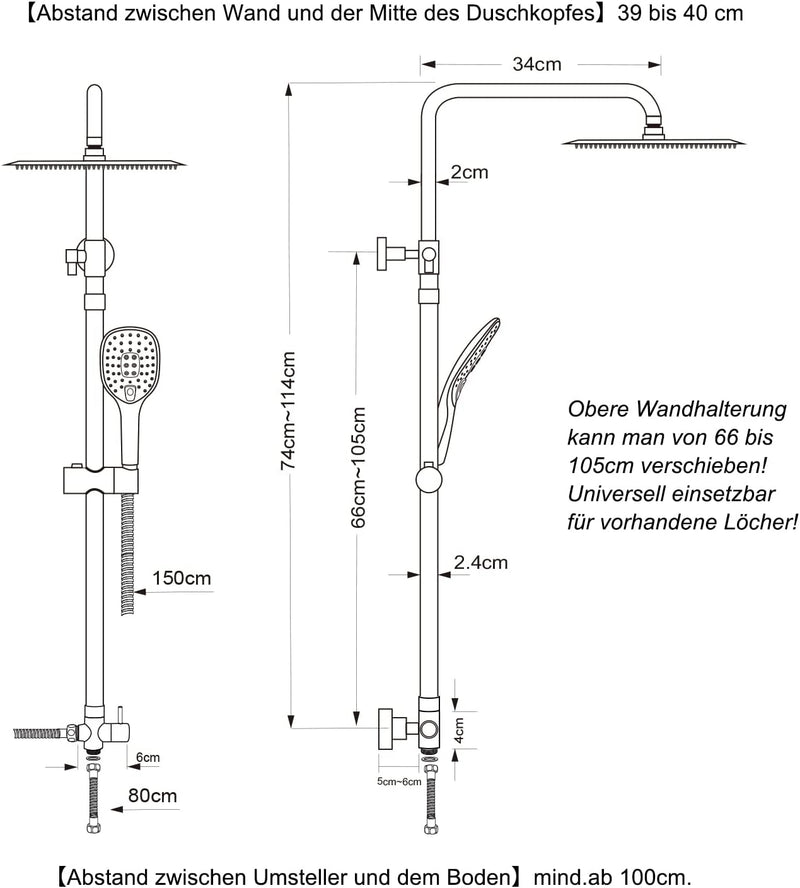 JOHO Duschset ohne Armatur, Chrom Duschstangeset Duschsäuleset, Regendusche Duschsystem mit Duschkop