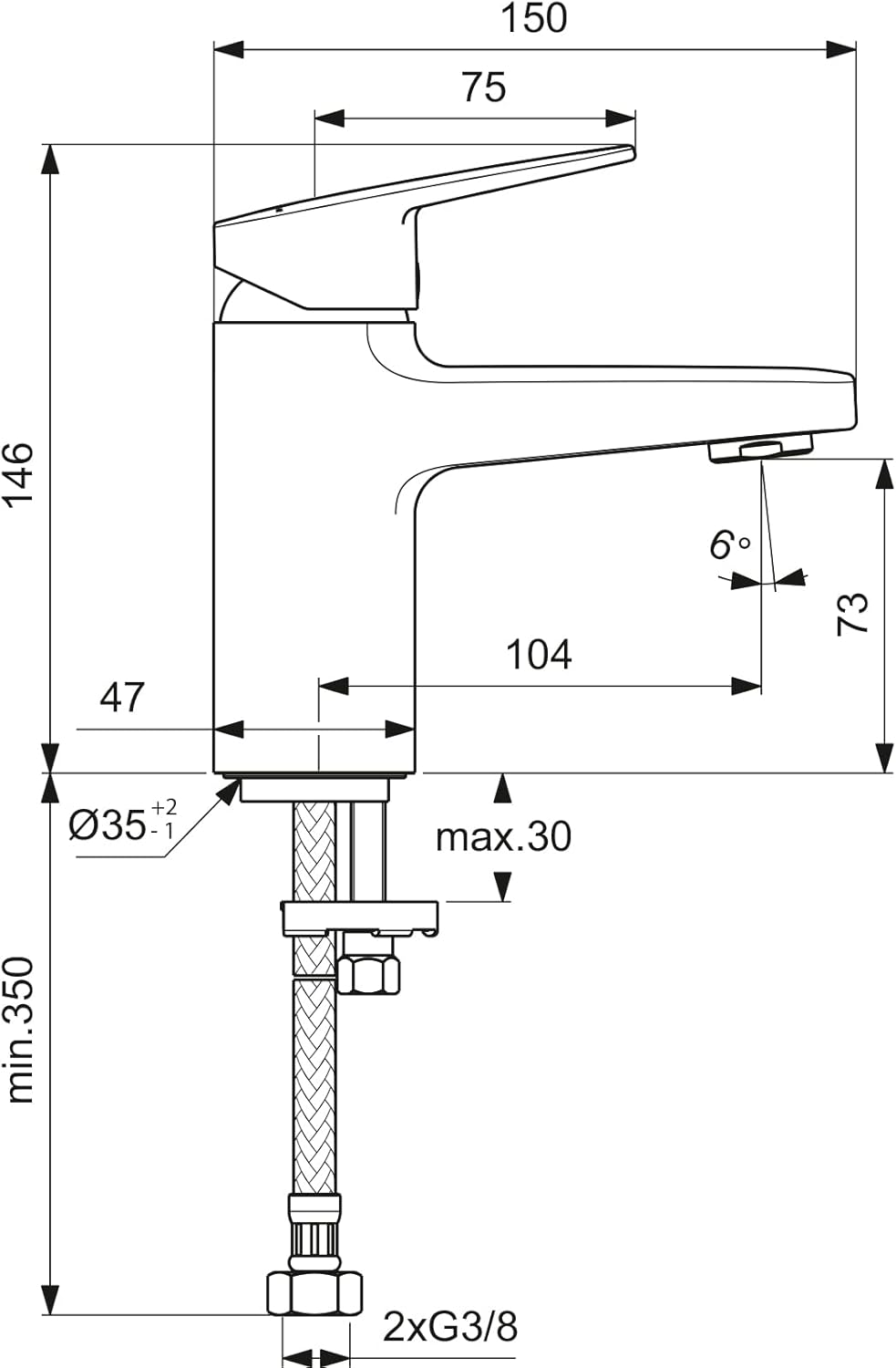 Ideal Standard BD209AA Ceraplan Waschtischarmatur ohne Ablaufgarnitur Auslaufhöhe 73mm ohne Ablaufga
