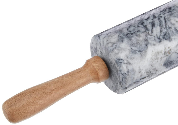 Küchenprofi Teigrolle aus Marmor, Ø 6cm, L 47 cm, Teigroller mit Holz Ablage und Griffen, Marmor Nud