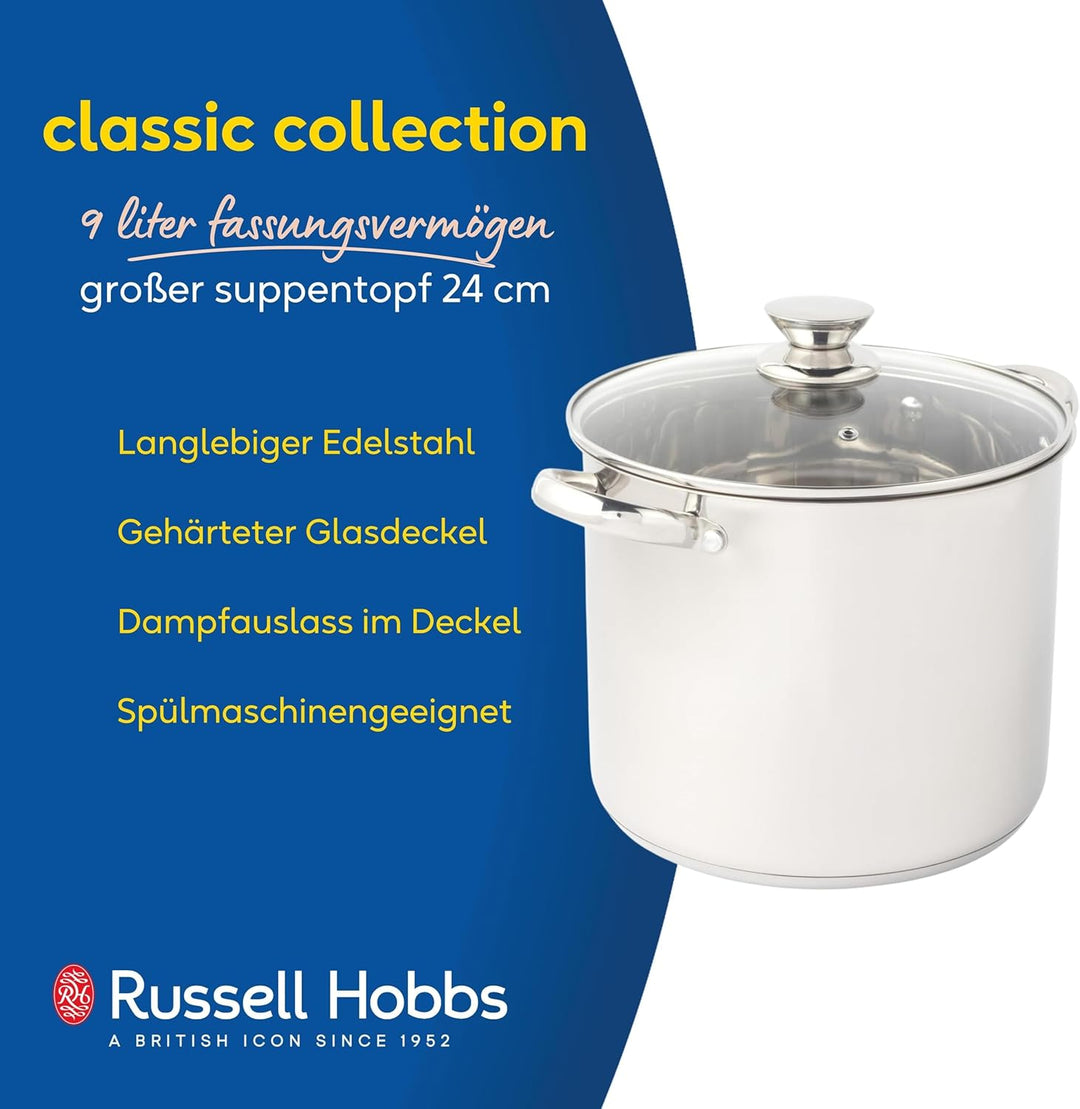 Russell Hobbs Classic Collection 24cm Suppentopf – Kochtopf aus Edelstahl, Deckel aus gehärtetem Gla