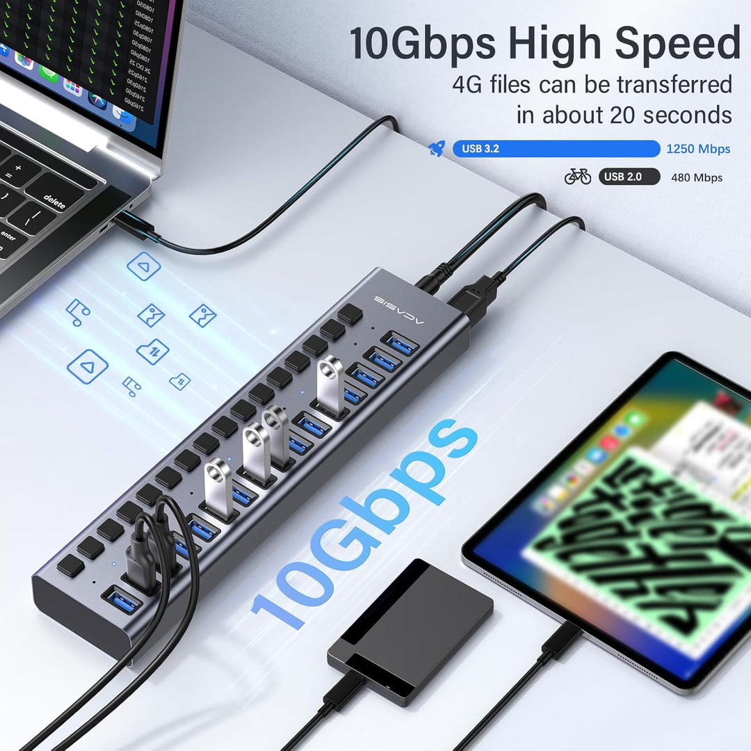 Powered USB 3.2 Hub, ACASIS 16 Ports USB 3.2 Hub mit 10Gbps Datenrate, Aluminiumgehäuse, USB Hub Pow