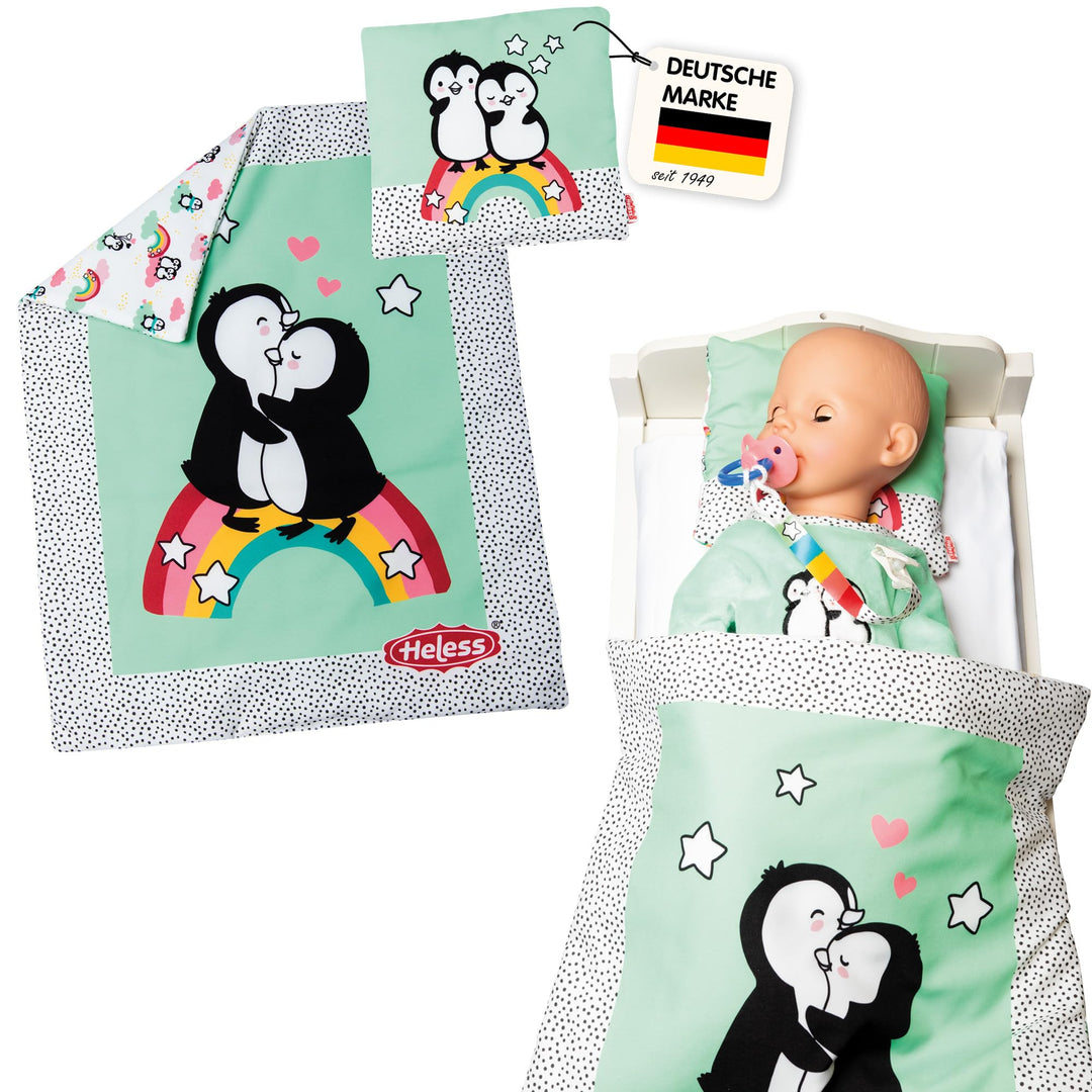 Heless 1000 - Puppen-Wendebettdecke mit Kissen im Pinguin Pünktchen Design, für süsse Puppen-Träume