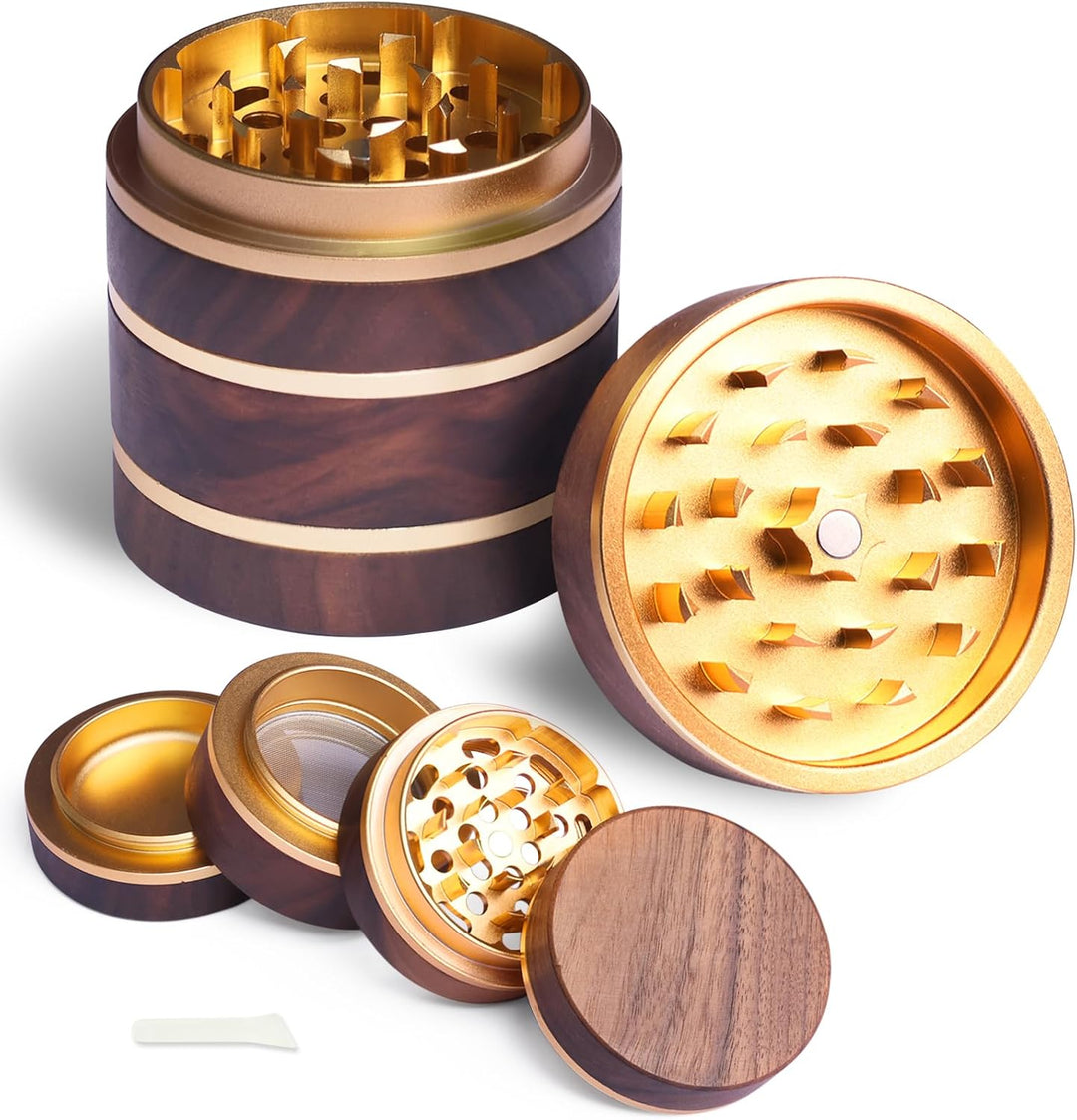 Holz Gewürzmühle mit Magnetdeckel, Feinsieb &amp; Aluminiumkern, Ø 63 mm, Gold | Walnussholz-Gewürzmühle