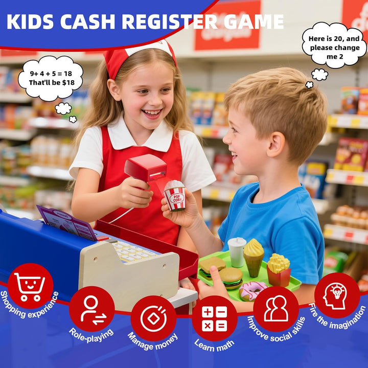Kinder Kasse Holzkasse mit Sound, Spielkasse Kaufladen Spielzeug mit Spielgeld/Münzen/Kreditkarte/Ei