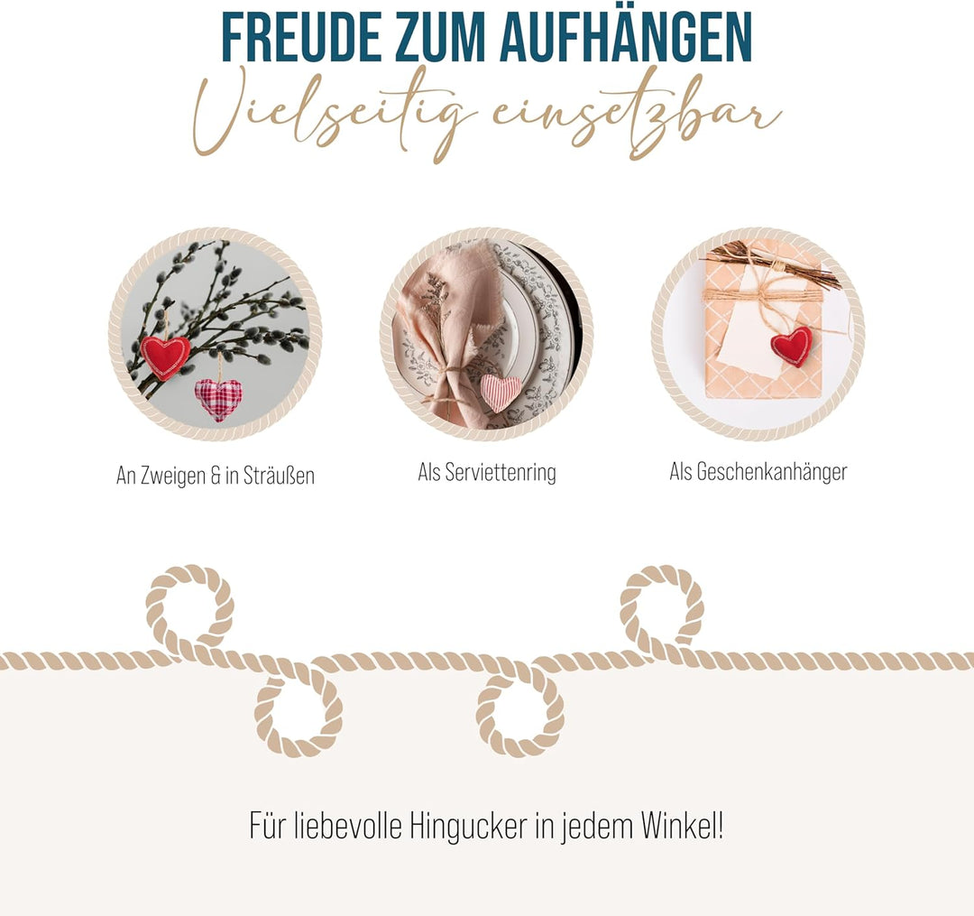 Deko Herzen zum Aufhängen, 12er Set: Herzanhänger Stoff, Stoffanhänger, Dekoherzen, Herz-Anhänger Zw