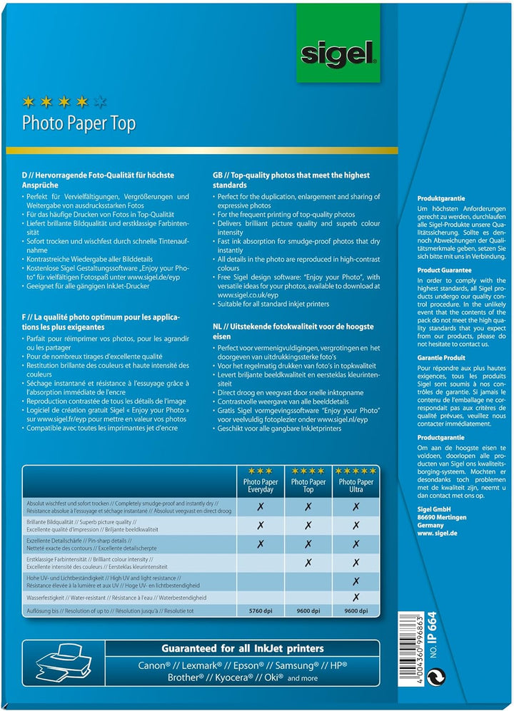 SIGEL IP664 InkJet Fotopapier Top, A4, 100 Blatt, hochglänzend, hochweiss, 125 g 100x 1seitig, 100x