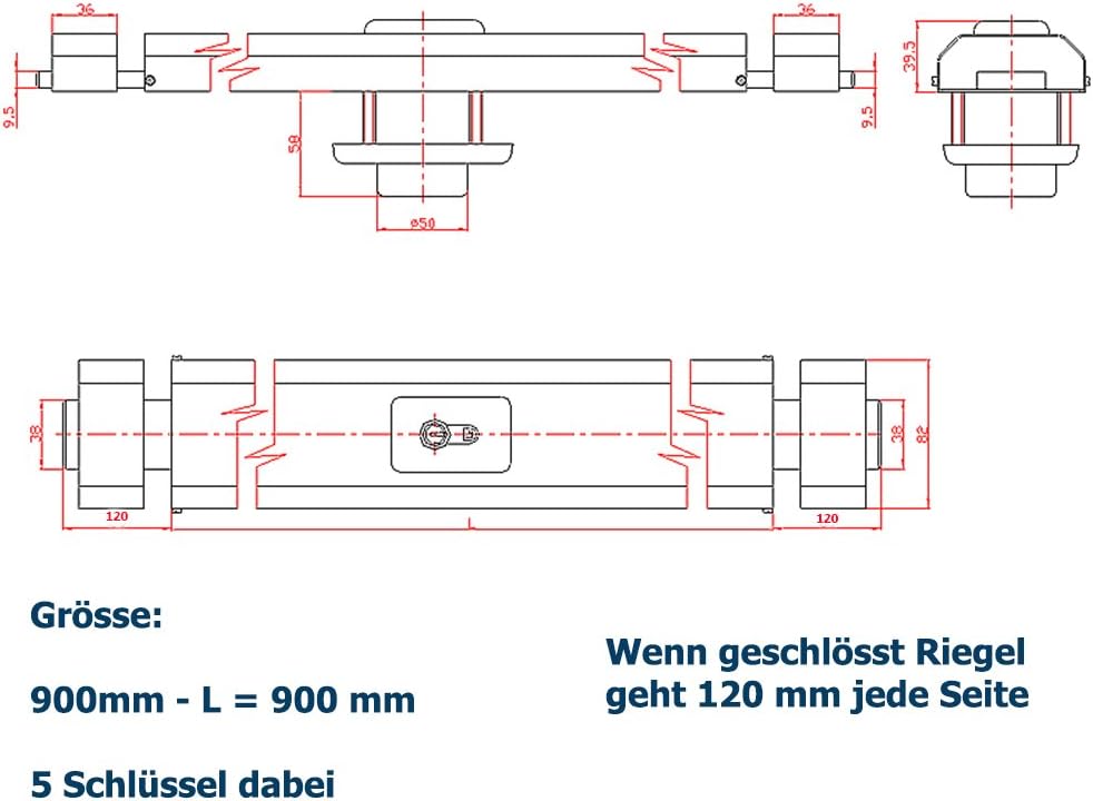 Ckey Panzerriegel Querriegel Panzerriegelschloss Türsicherheit Schliesszylinder 900mm weiss