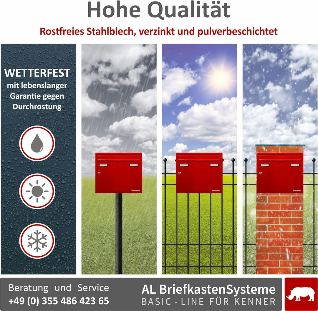 AL Briefkastensysteme Basic 4er Briefkasten RAL 3000 Feuer Rot 4 Fächer DIN A4 wetterfest Briefkaste