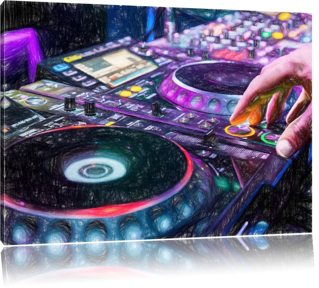 Pixxprint Modern beleuchteter DJ Pult Bunstift Effekt, Format: 100x70 auf Leinwand, 100x70