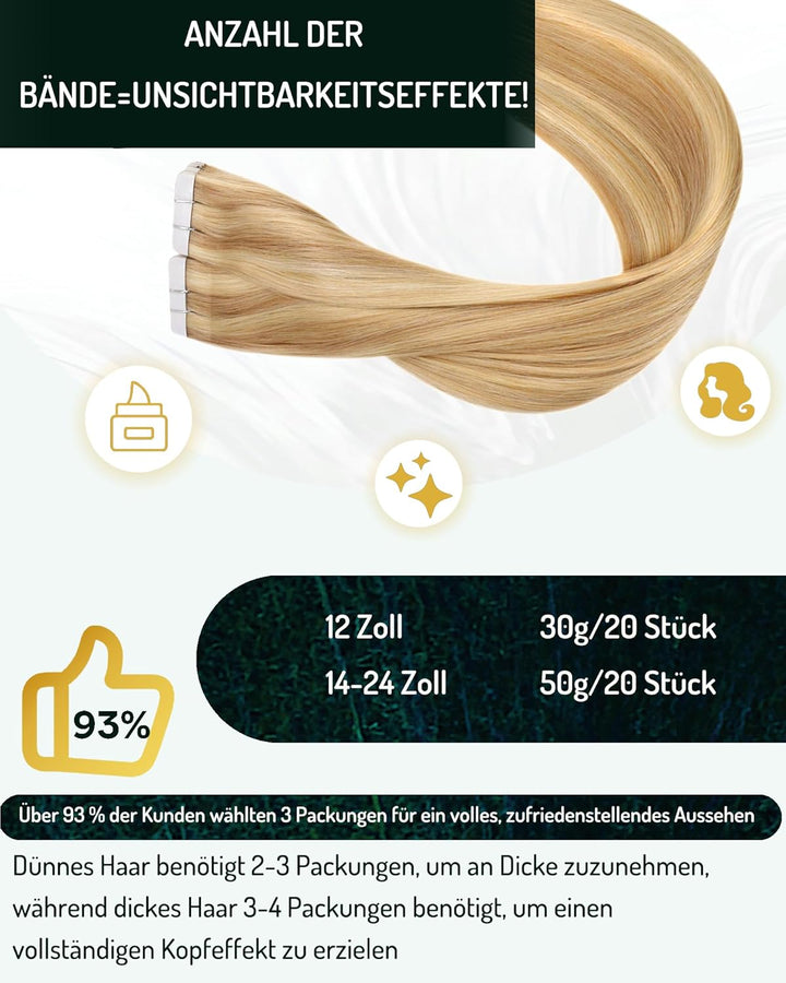 RUNATURE Tape in Extensions Echthaar Blond Highlights 55cm Tape Extensions Echthaar Goldblond Mit He