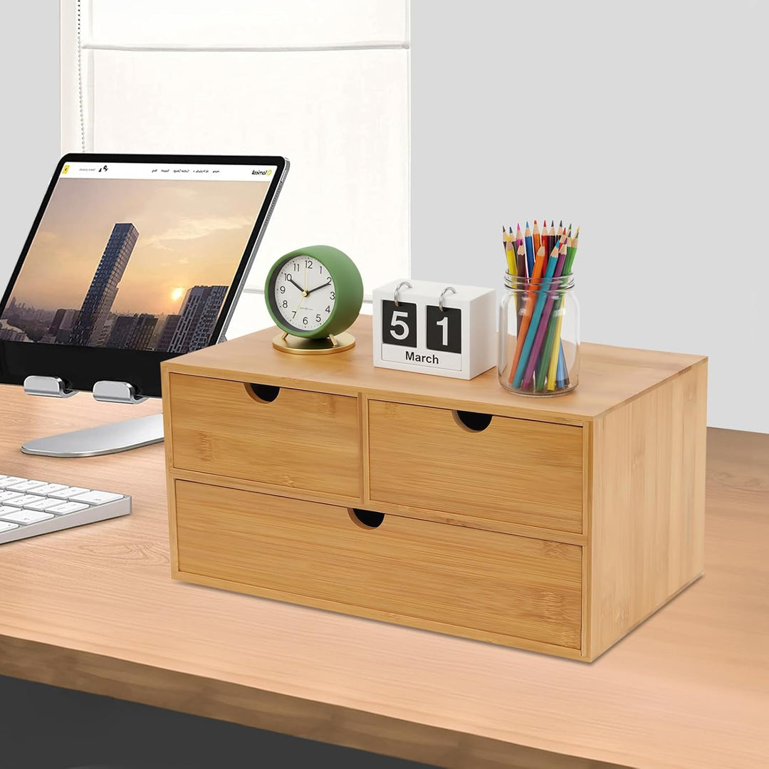 Aufbewahrungsbox Bambus Schreibtisch Organizer mit 3 Schubladen Mini Kommode Rohholzfarbe Schreibtis