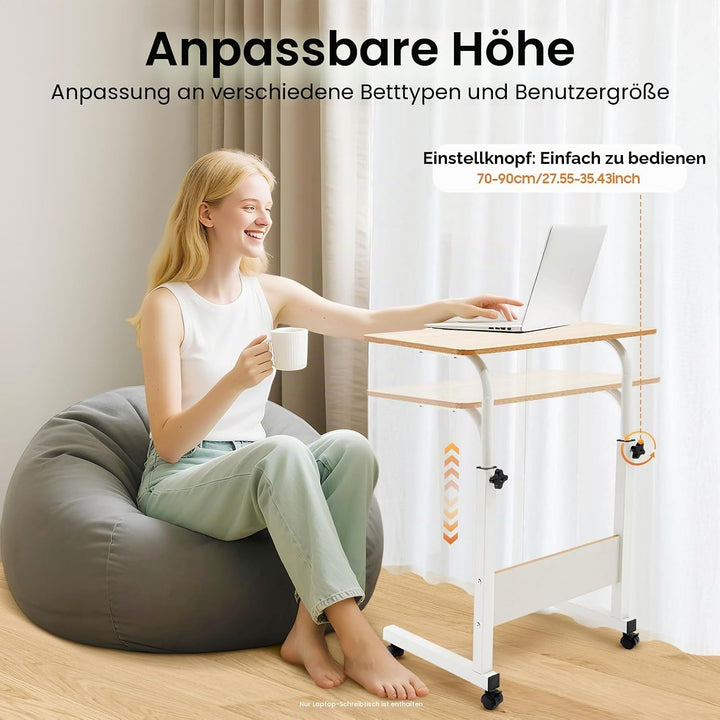 Höhenverstellbarer Schreibtisch 70–90cm, Mobiler Laptop Tisch mit Rollen &amp; Bremse, Rollbarer Beistel