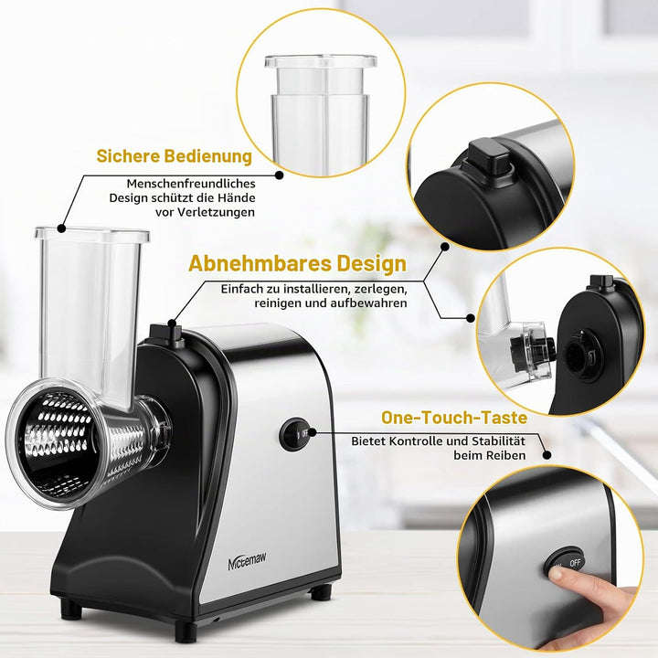 Profi Elektrischer Gemüsehobel 250W Edelstahl, 5-in-1 Schnitzelwerk Küchenreibe, BPA-frei &amp; Spülmasc
