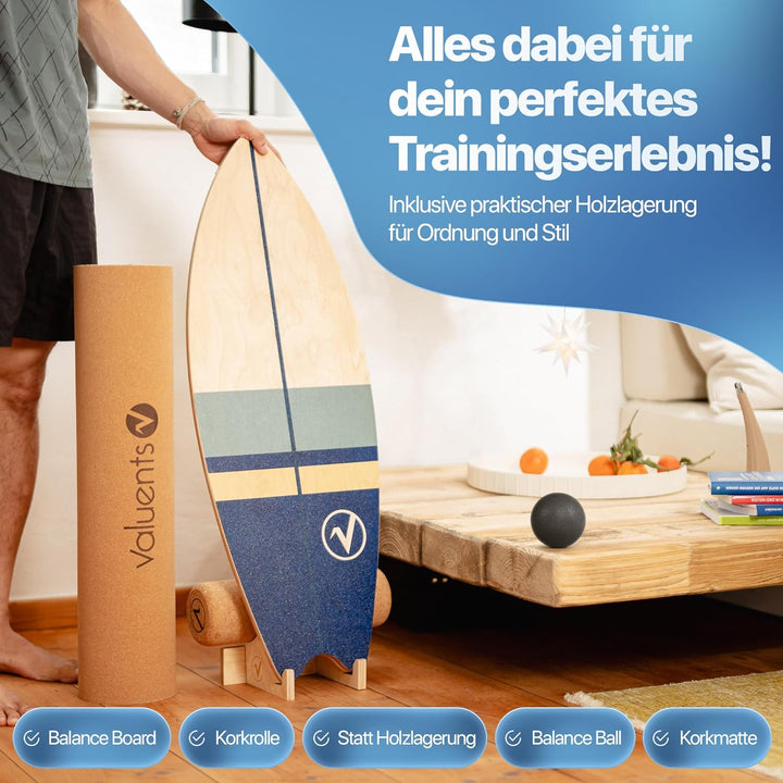 Balance Board aus Holz in Surfboard Form inkl. Rolle für Neuromuscular Response Training +Plus: Halt