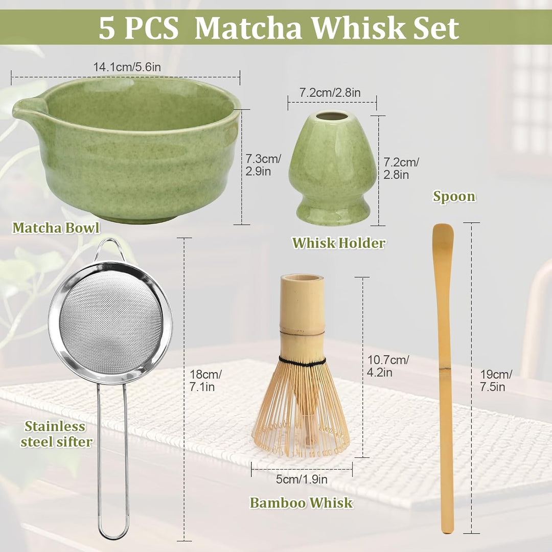 5 Stück Matcha Set, Japanisches Matcha Tee Set mit Bambusbesen, Keramik Schale mit Ausgiesser, Edels