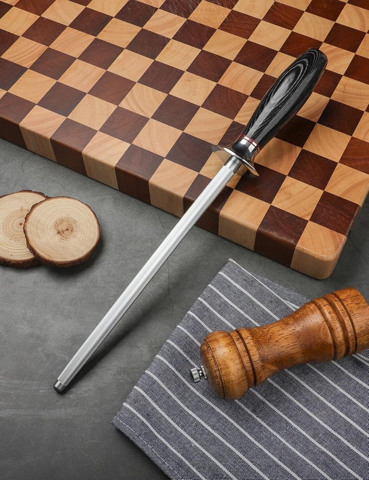 Wetzstahl für Küchenmesser 23 CM, Professioneller Messerschärfer für Küchen, Wetzstahl mit Pakkaholz