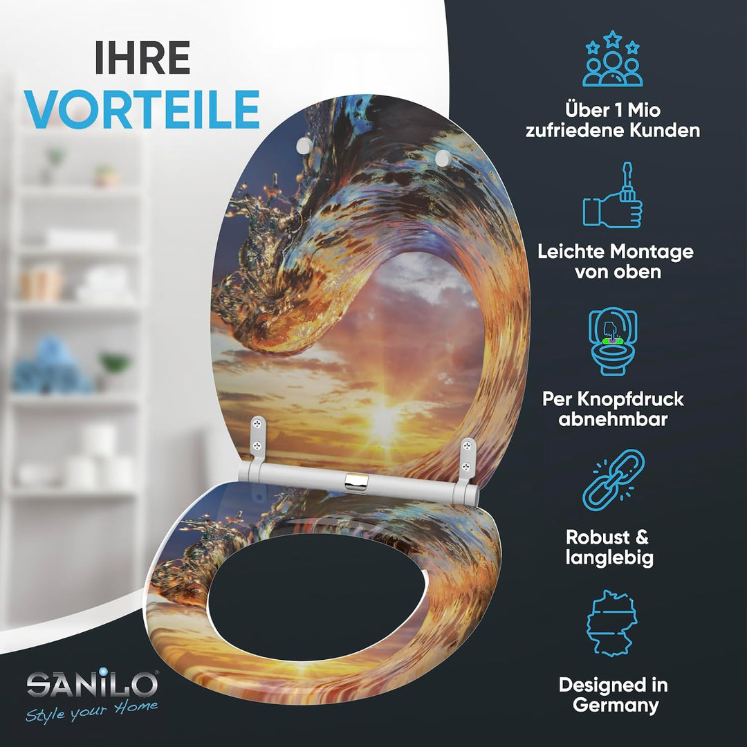 Sanilo WC-Sitz mit Absenkautomatik, Toilettensitz mit Absenkautomatik, einfache Befestigung (Wave),