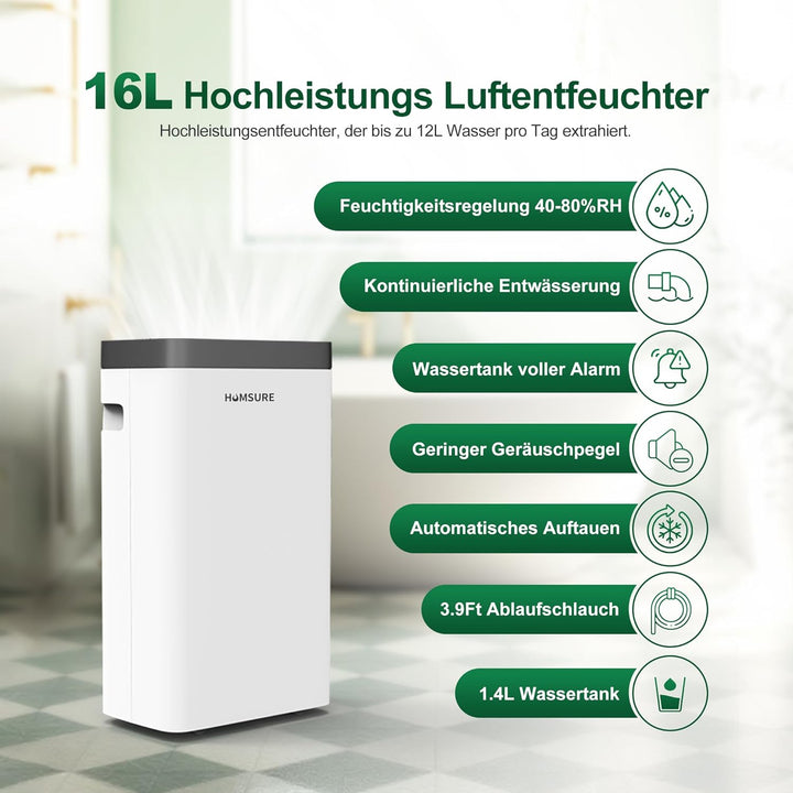 Luftentfeuchter 16L, Elektrisch Entfeuchter für 100m³(~40m²), Luftentfeuchter Keller, Timer, Automat
