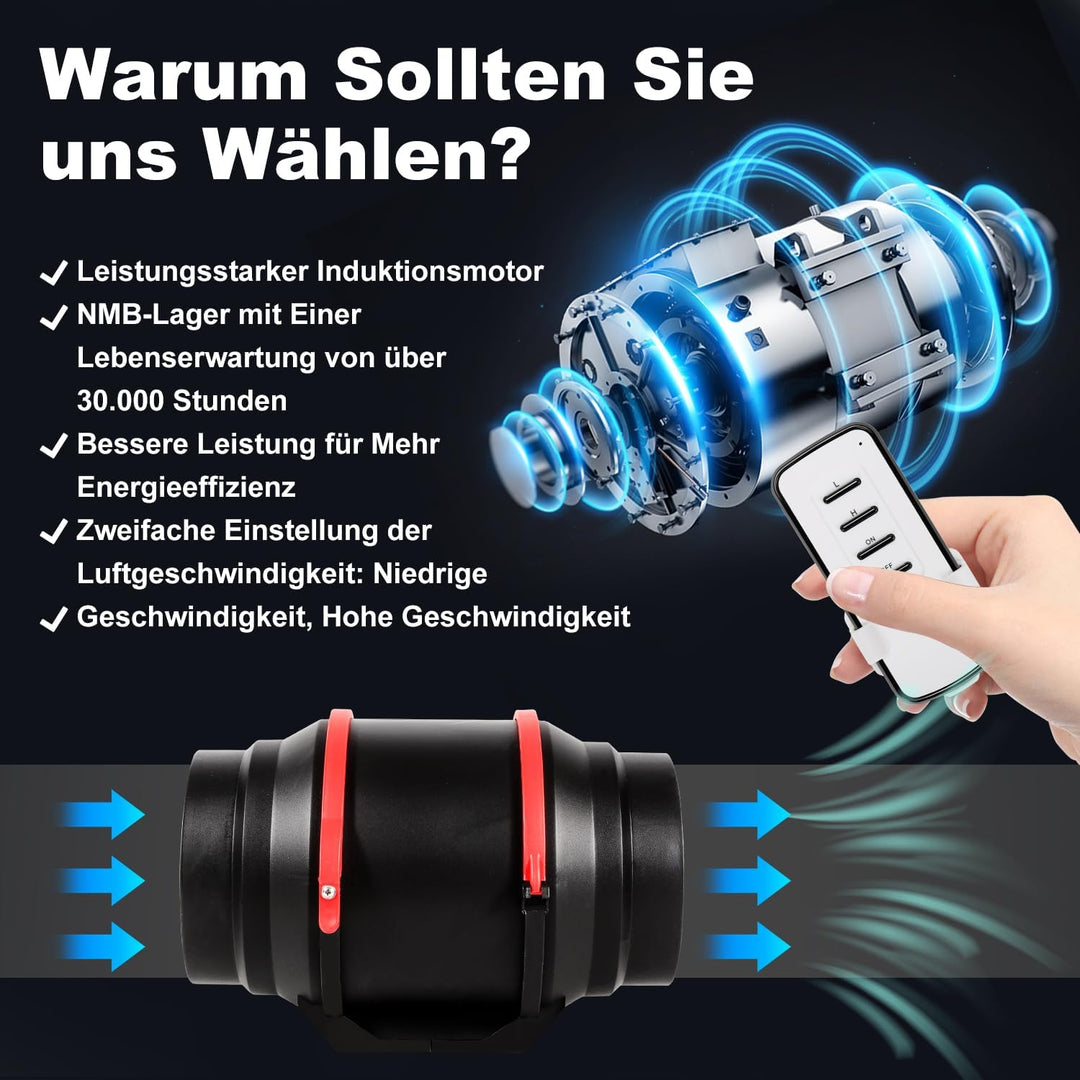 Rauchabzug Rohrventilator 150mm, Inline-Kanalventilator mit Fernsteuerung, 220V Leise Rohrlüfter, 54