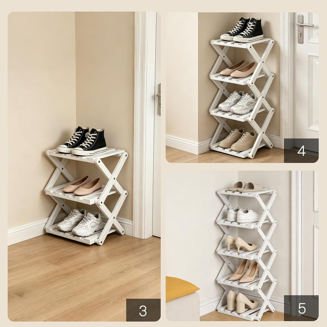 Schuhregal Weiss 4 Ebenen - Faltbar Ohne Montage - Kleines Schmal Schuhregal aus Bambus - Schuhständ