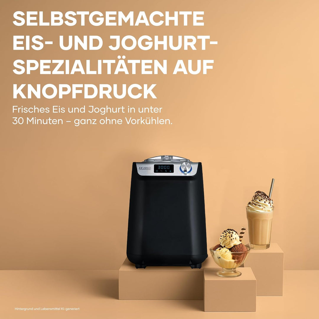 SEVERIN Kompakt Eismaschine &amp; Joghurtbereiter, platzsparende Eismaschine mit Kompressor im Slim-Desi