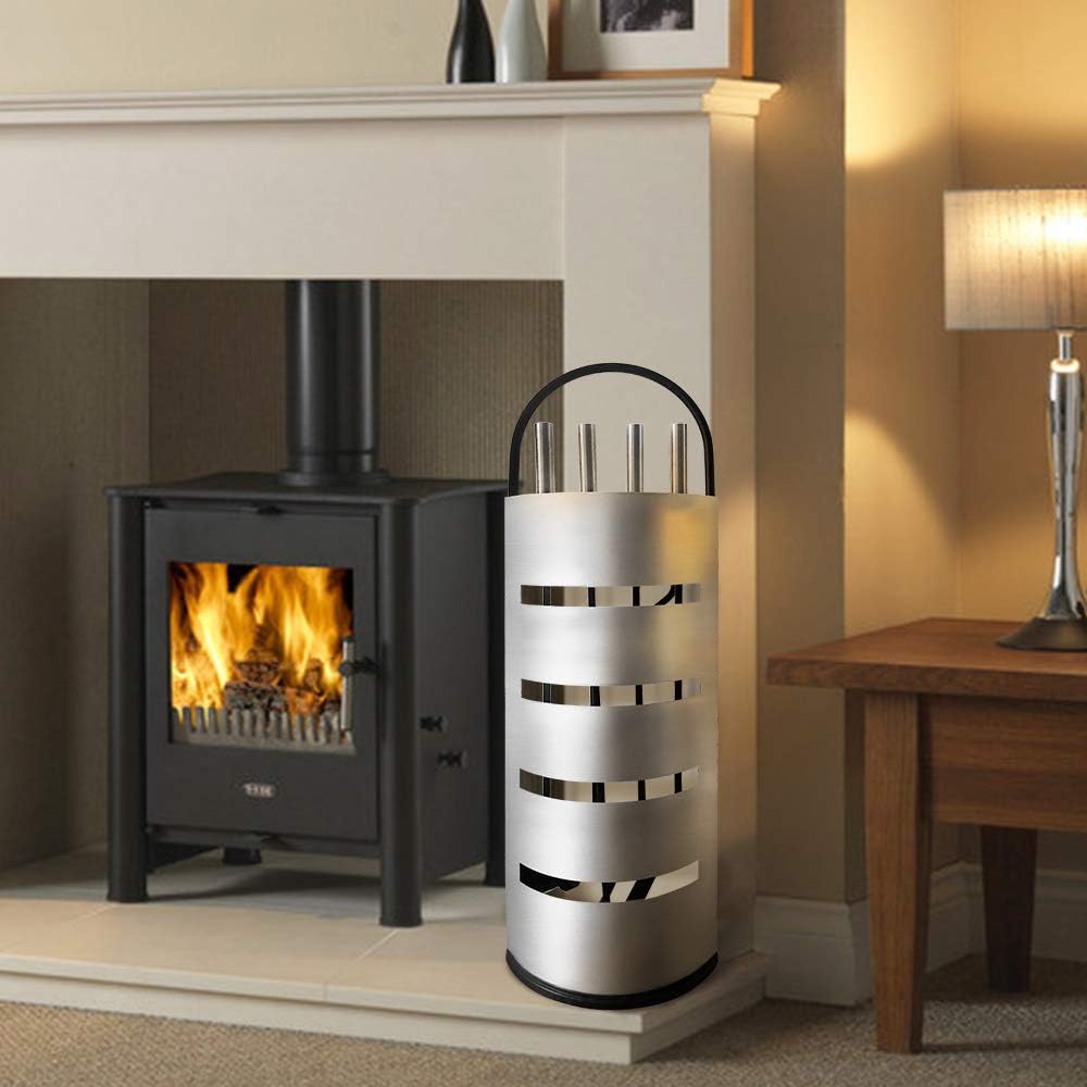 HENGMEI 5 teilig Kaminzubehör Edelstahl Kaminofen Kaminbesteck Set Kamingarnitur mit Standfuss, Bese