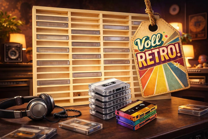 FabaCare MC-Kassetten Regal aus Holz – 60 Fächer, Sammler-Display für Audiokassetten, Musikkassetten
