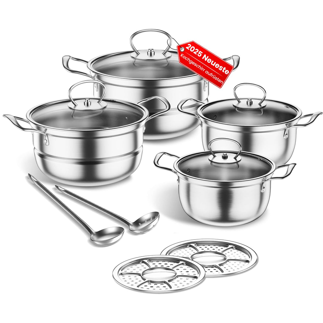 Topfset aus Edelstahl, Grosses Kochgeschirr Induktion-Kochtopf-Set, Töpfe mit Glasdeckel und Stielka