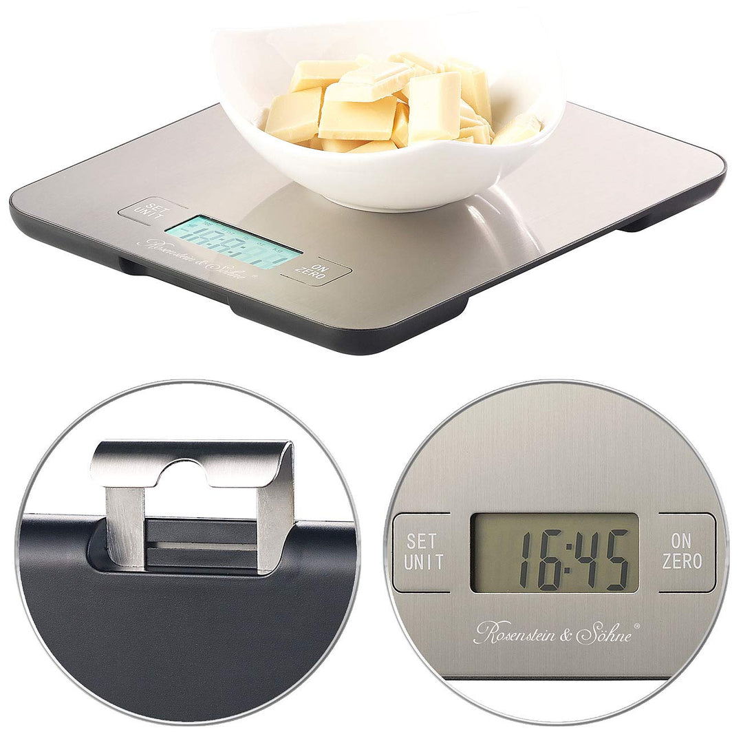 Rosenstein & Söhne Digitalwaage: Digitale Edelstahl-Küchenwaage mit Timer, bis 15 kg, auf 1 g genau