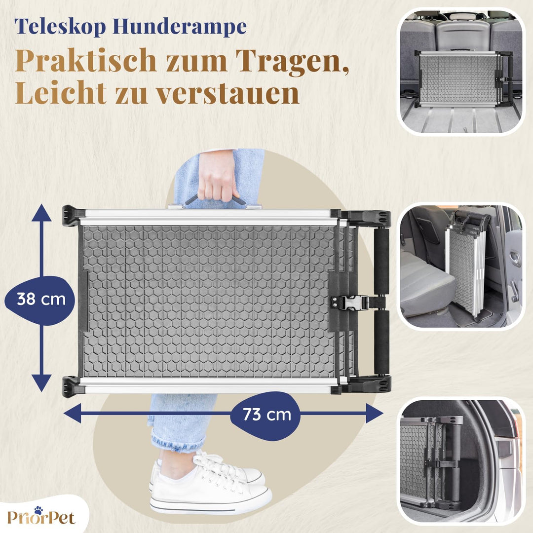 Hunderampe Auto Klappbar- Teleskop Alu Rampe für grosse Hunde - Stabile Hundetreppe Auto & SUV - rut