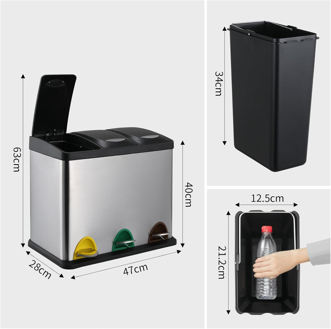 LIFERUN Mülleimer 3 Fächer, 3x 8L Mülltrennsystem, 24 Liter Abfalleimer Küche, Kleiner Treteimer aus