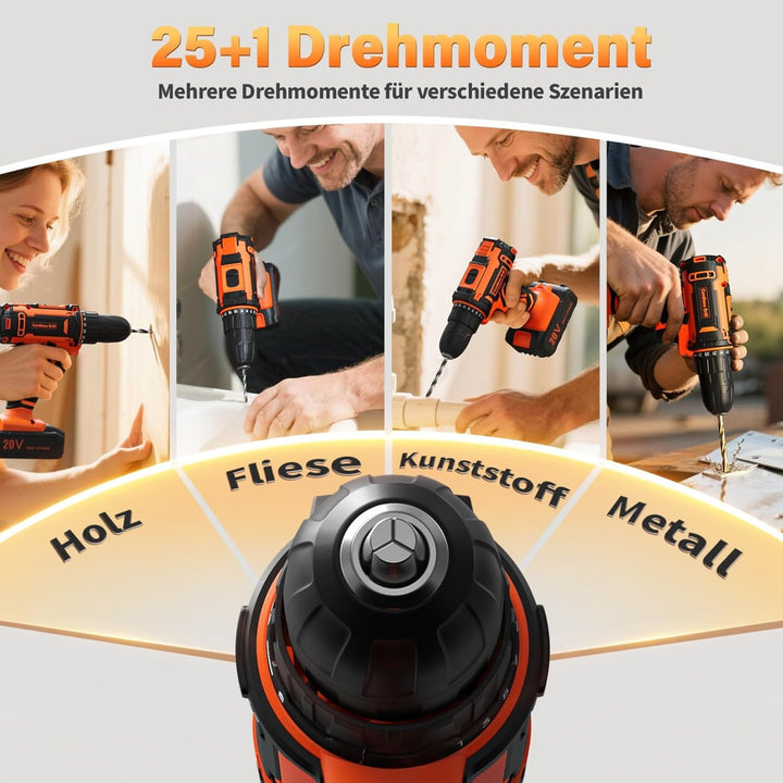 Akkuschrauber, 20V Akku Bohrschrauber Set mit 2 Akkus 2.0Ah, Akkubohrer 42Nm Drehmoment, 25+1 Drehmo