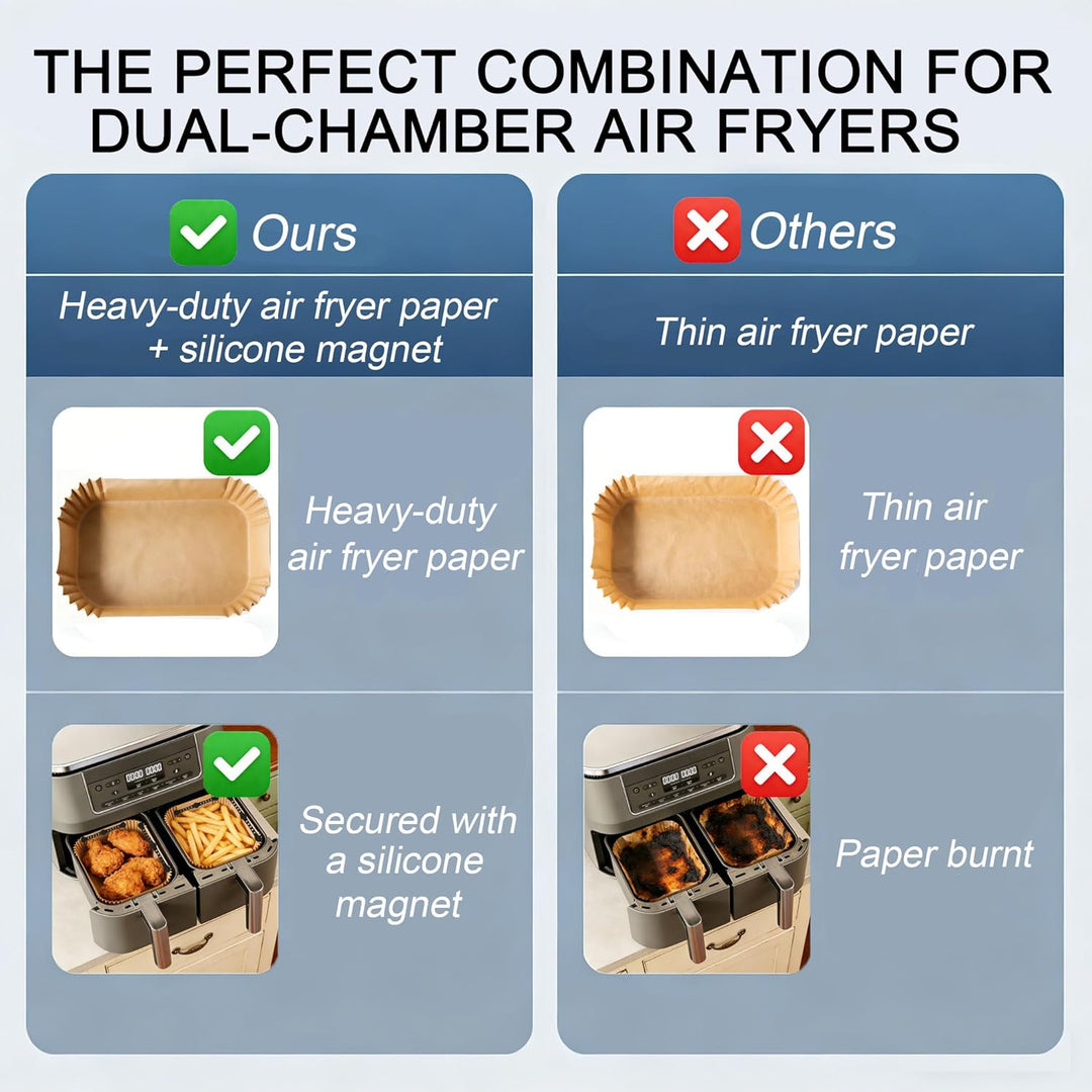 100 Stück Airfryer Backpapier+ 4 Stück Airfryer Silikon Magnete, THAKOI Heissluftfritteuse Zubehör N