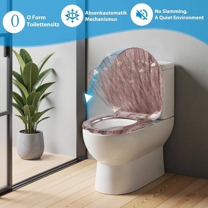 Duroplast-Toilettensitz, O-förmiger Toilettendeckel mit Soft-Close-Mechanismus, Edelstahlscharnier,
